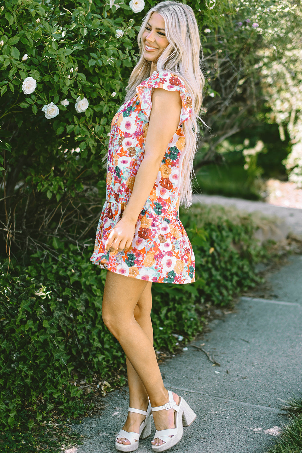 Purple Floral Print  Sleeve Dress