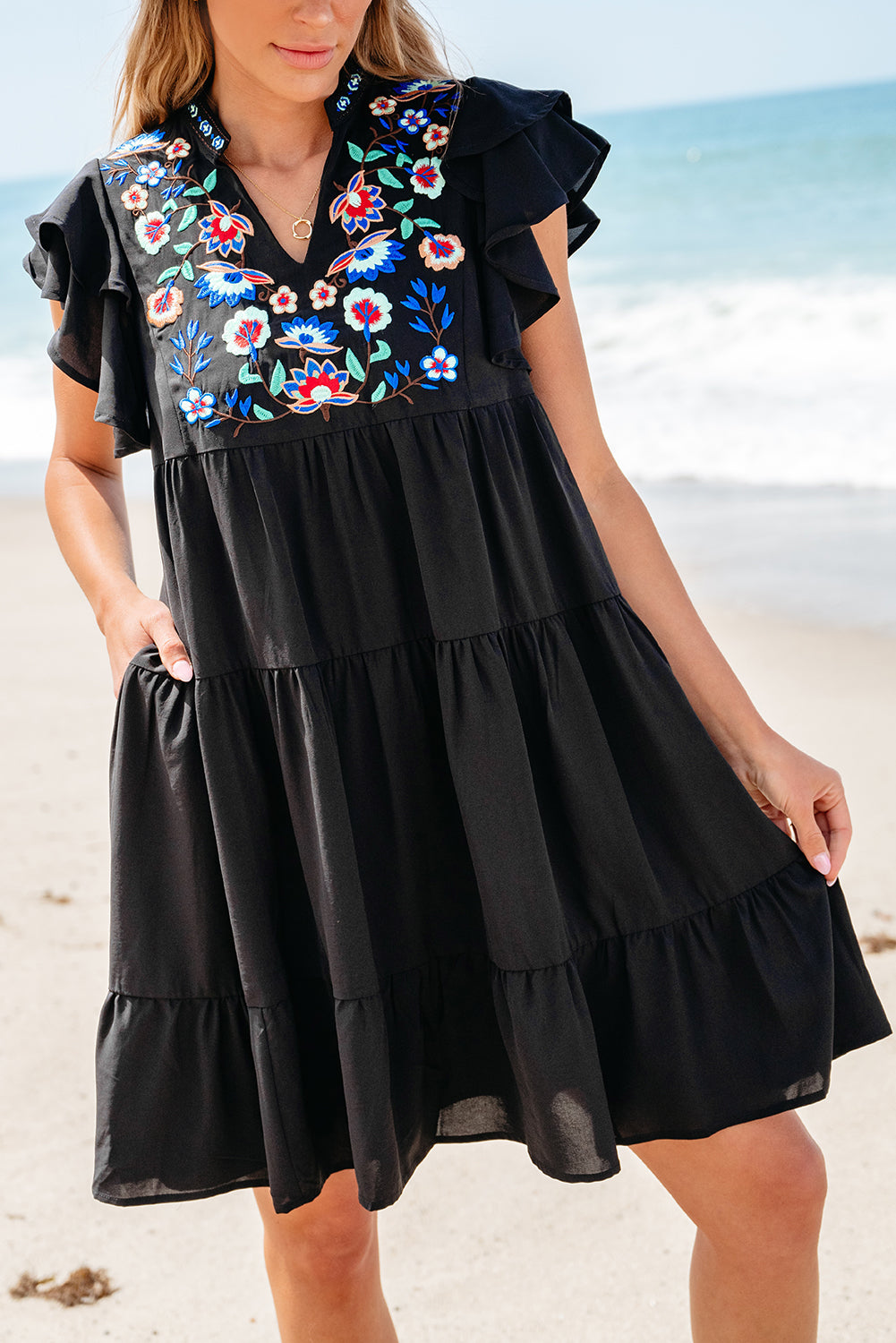 Black Floral Ruffled Mini Dress