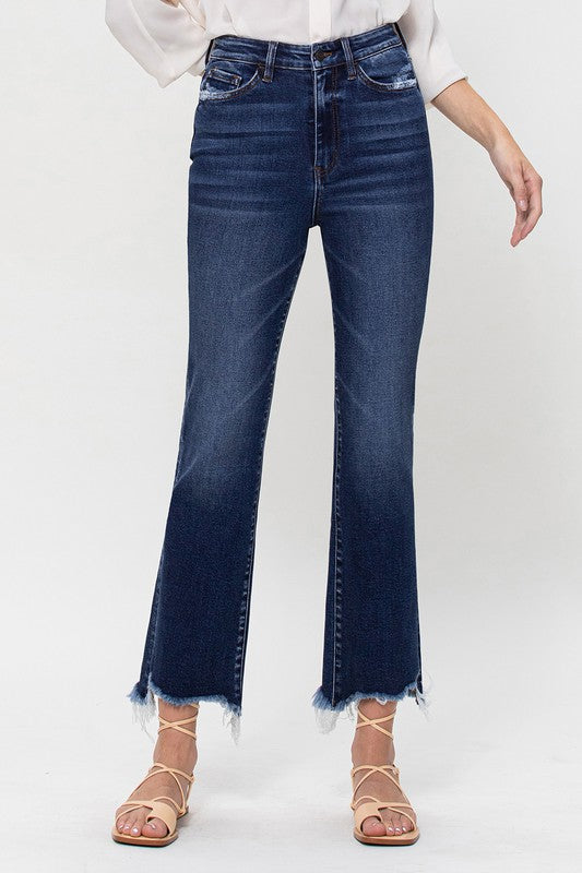 High Rise Distressed Hem Kick Flare Jeans