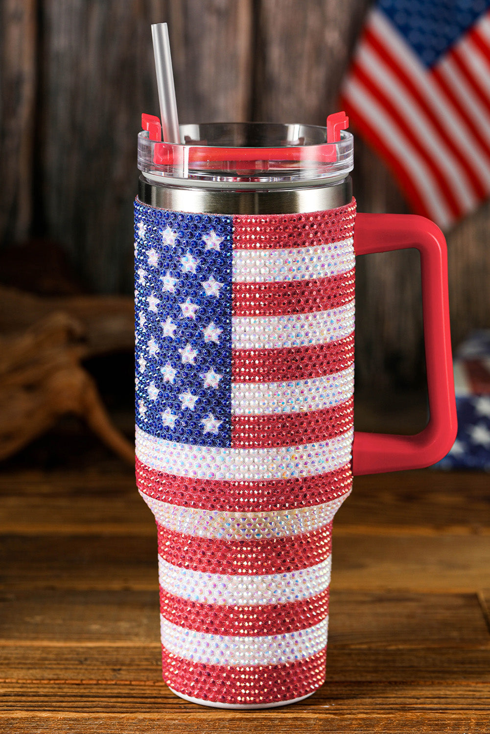 Red Rhinestone American Flag Cup 40oz