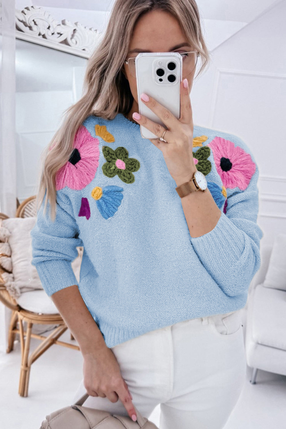 Light Blue Knitted Flower Pattern Ribbed Edge Sweater