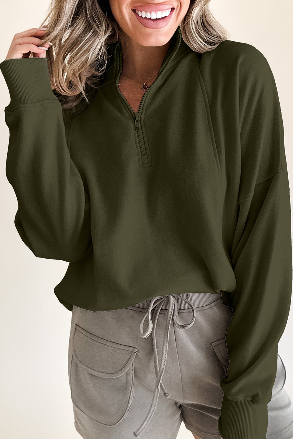 Smoke Gray Zipped Neck Pullover Drop Shoulder Sweatshirt