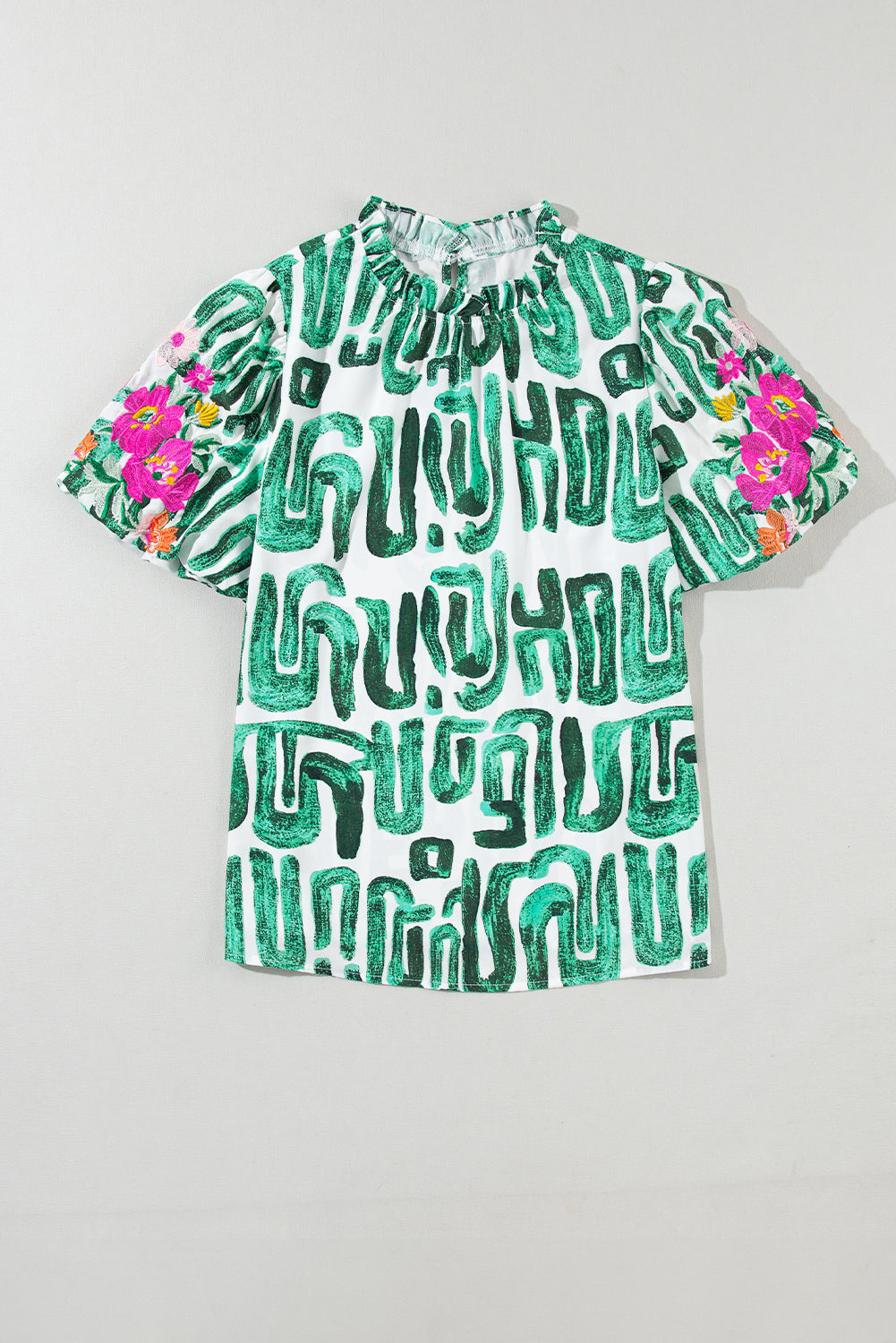 Green Embroidered Frilled Neck Printed Top