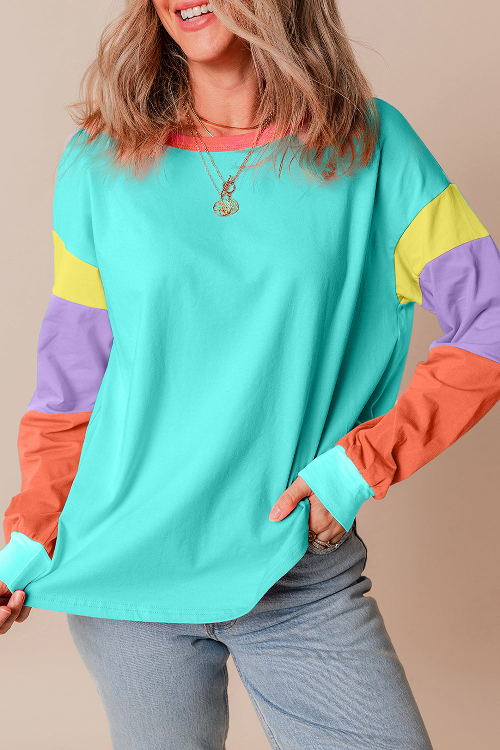 Light Blue Colorblock Patchwork Top