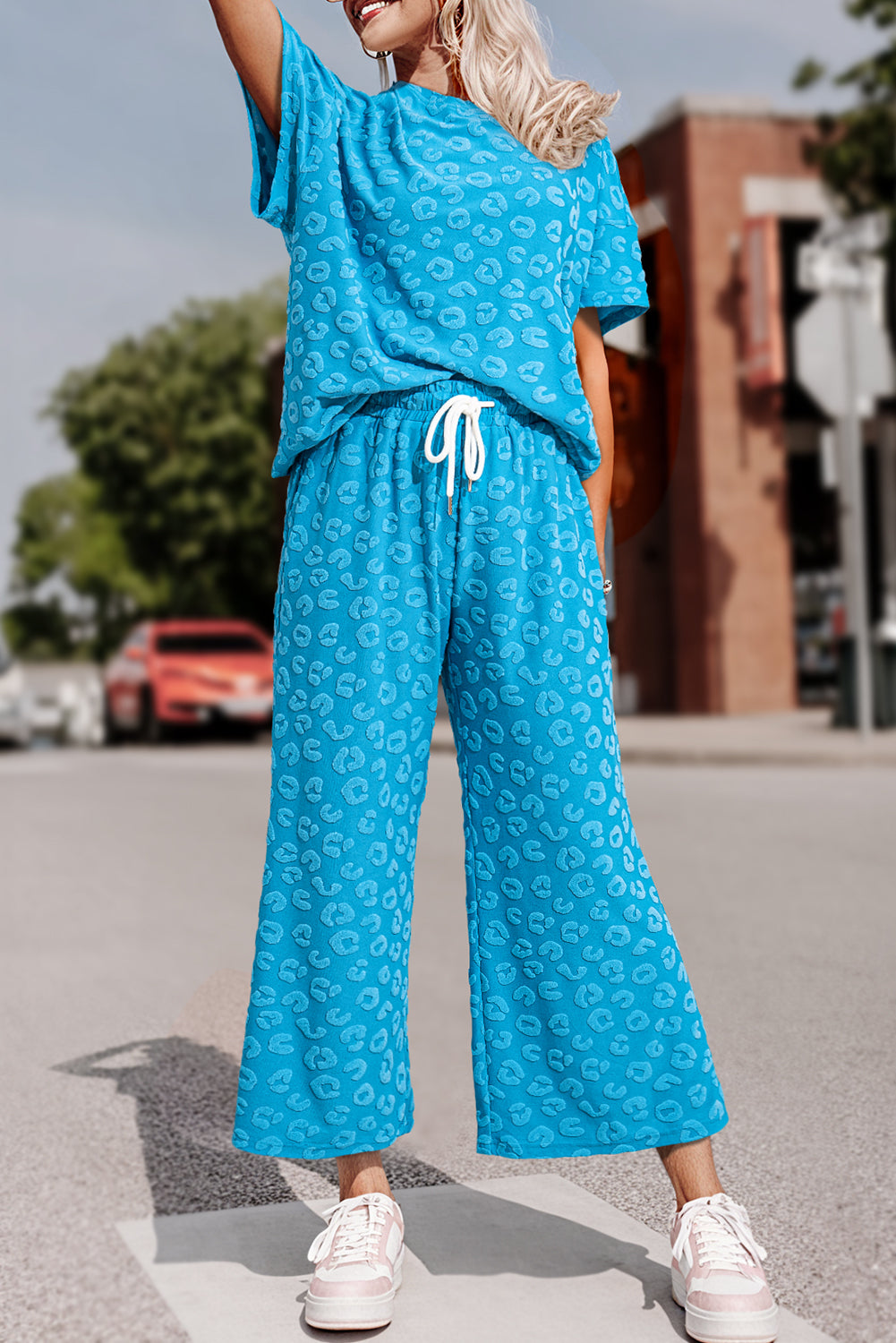 Blue Leopard Jacquard Short Sleeve Top and Wide Leg Pants Set