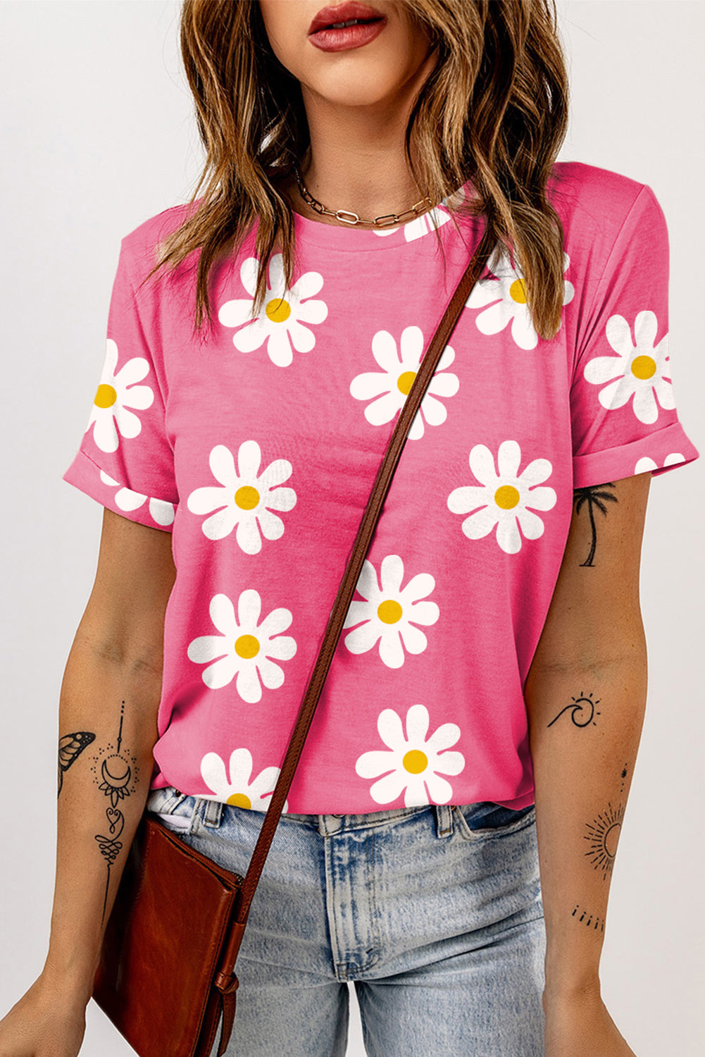 Pink Daisy Printed Crewneck Shirt