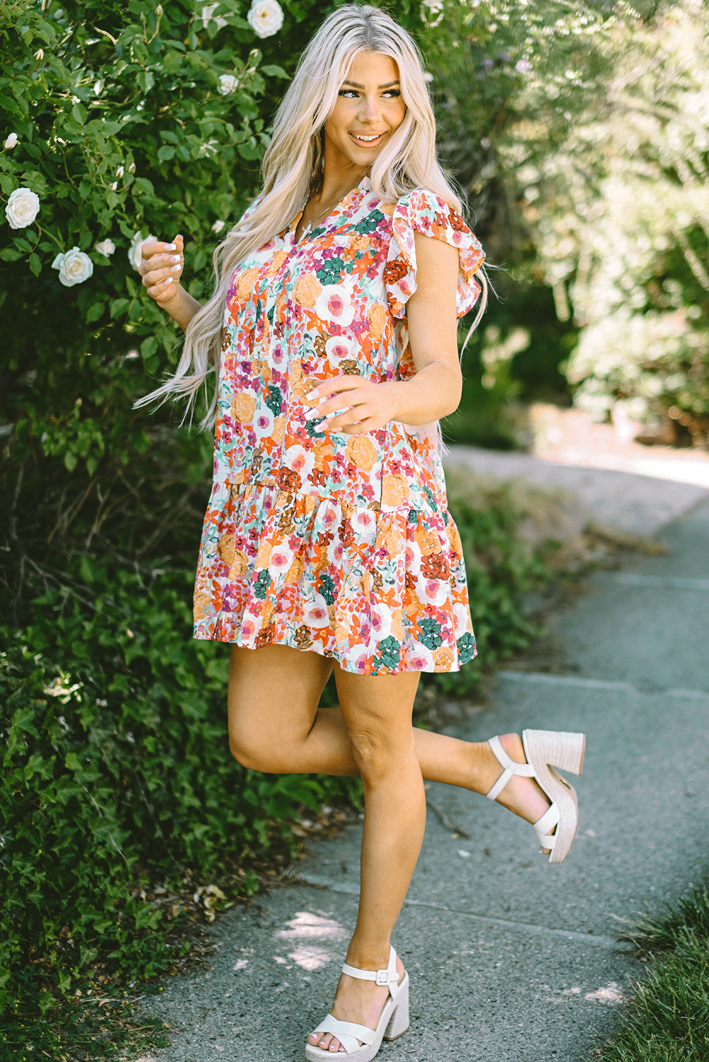 Purple Floral Print  Sleeve Dress