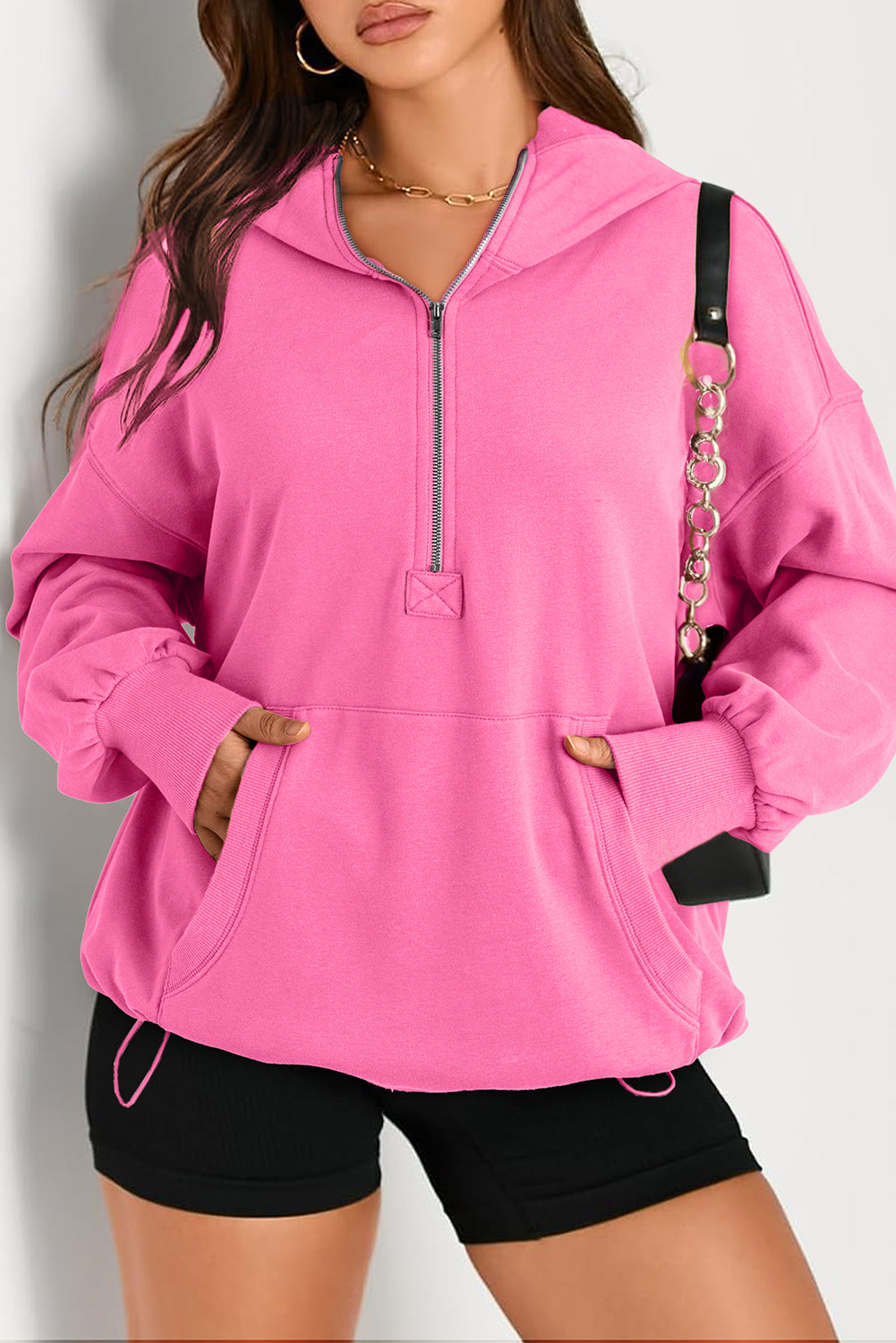 Bonbon Solid Kangaroo Pocket Half Zipper Oversized Hoodie