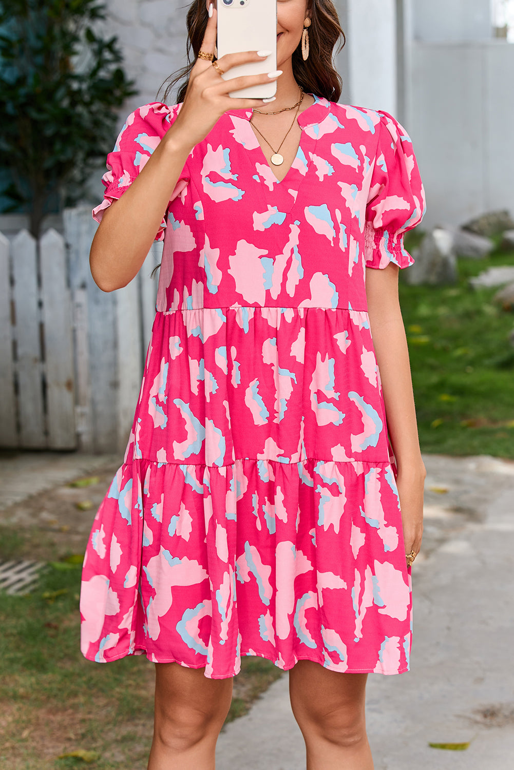 Pink Printed Puff Short Sleeve Loose Dress