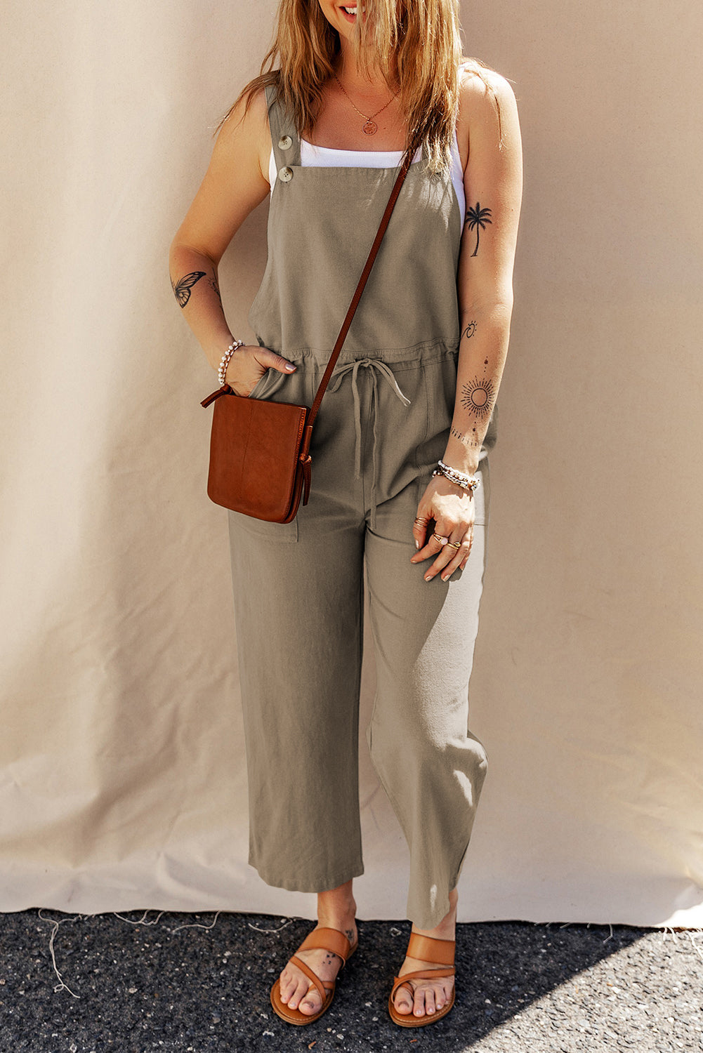 Sage Drawstring Buttoned Cropped Overall