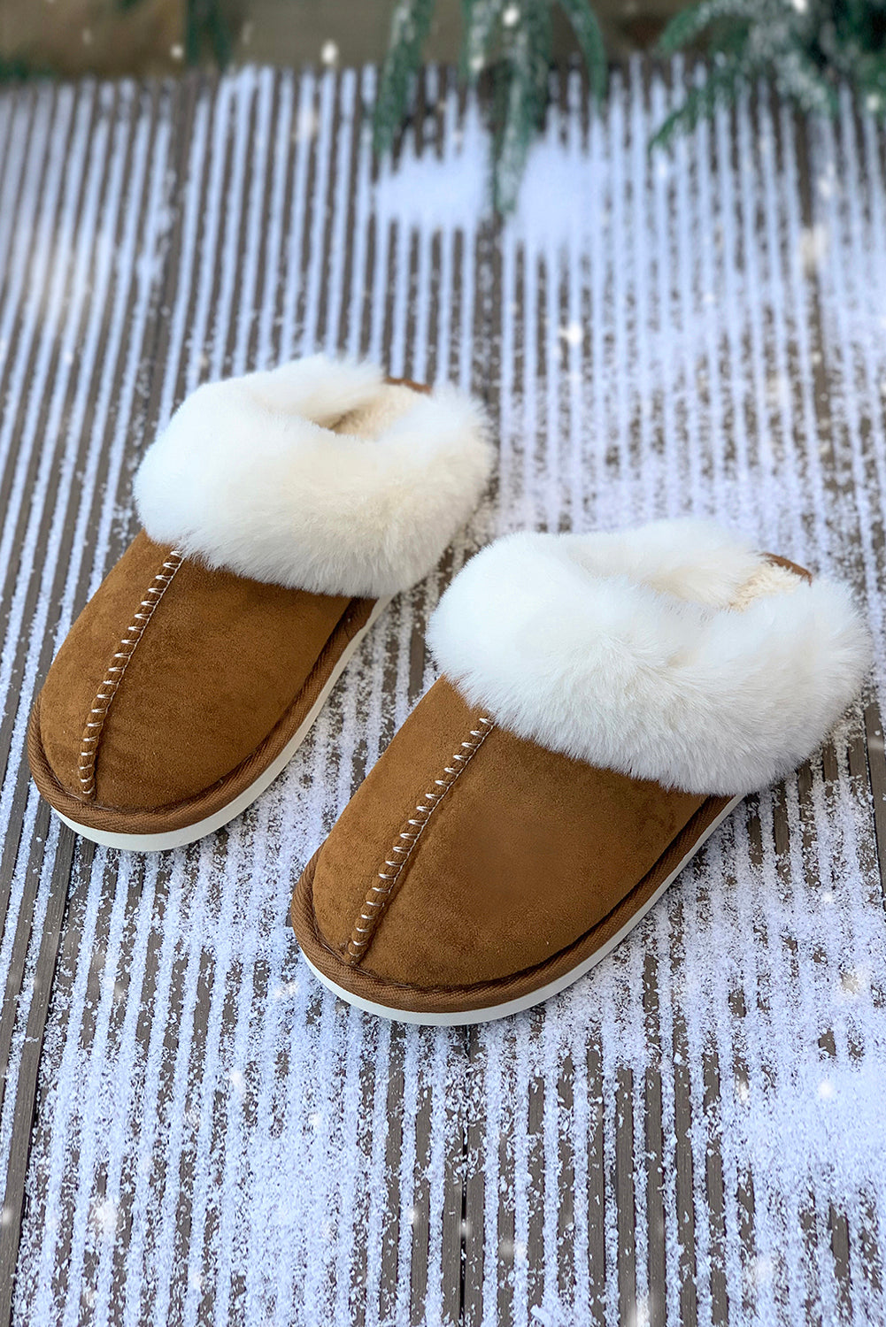 Camel Plush Suede ContrastWinter Home Slippers