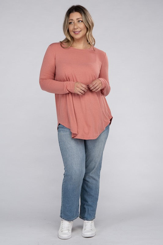 Long Sleeve Round Neck Round Hem Top - PLUS