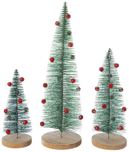 Green bristle trees, red metal jingle bells