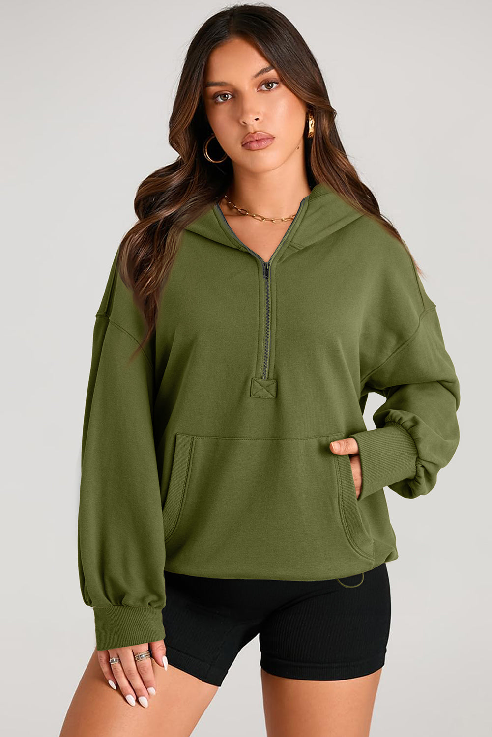 Bonbon Solid Kangaroo Pocket Half Zipper Oversized Hoodie