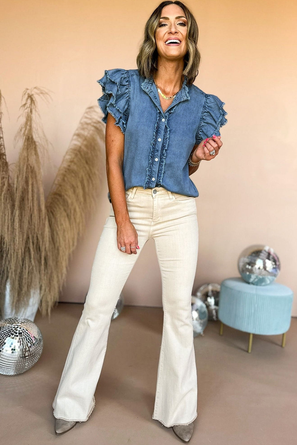 Blue Button Ruffled Denim Top