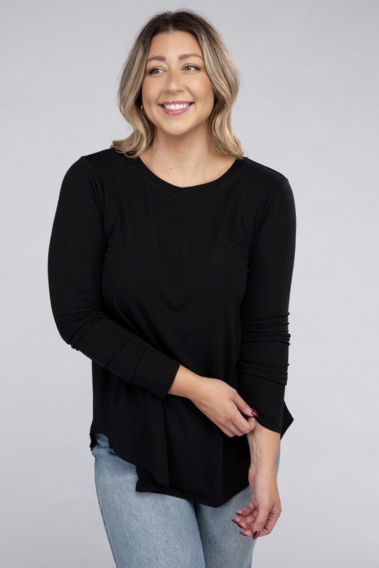 Long Sleeve Round Neck Round Hem Top - PLUS