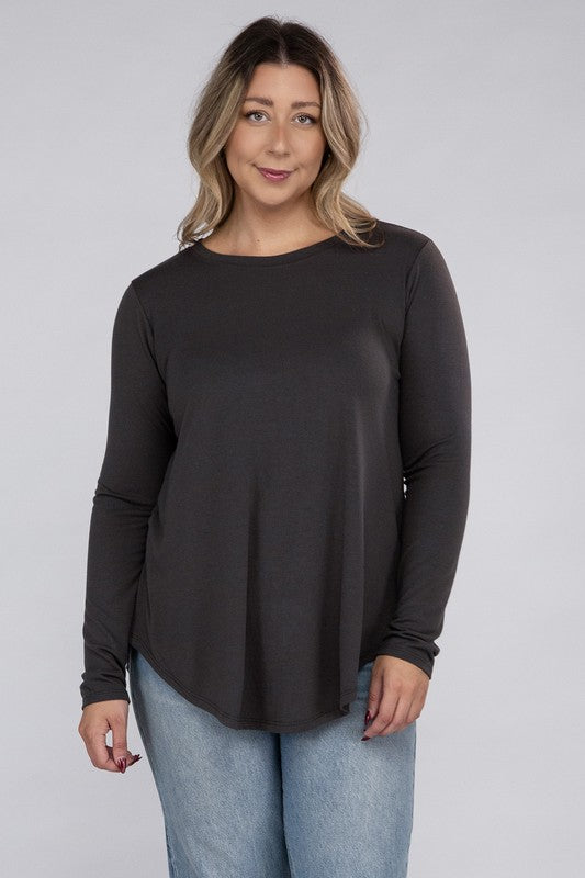 Long Sleeve Round Neck Round Hem Top - PLUS