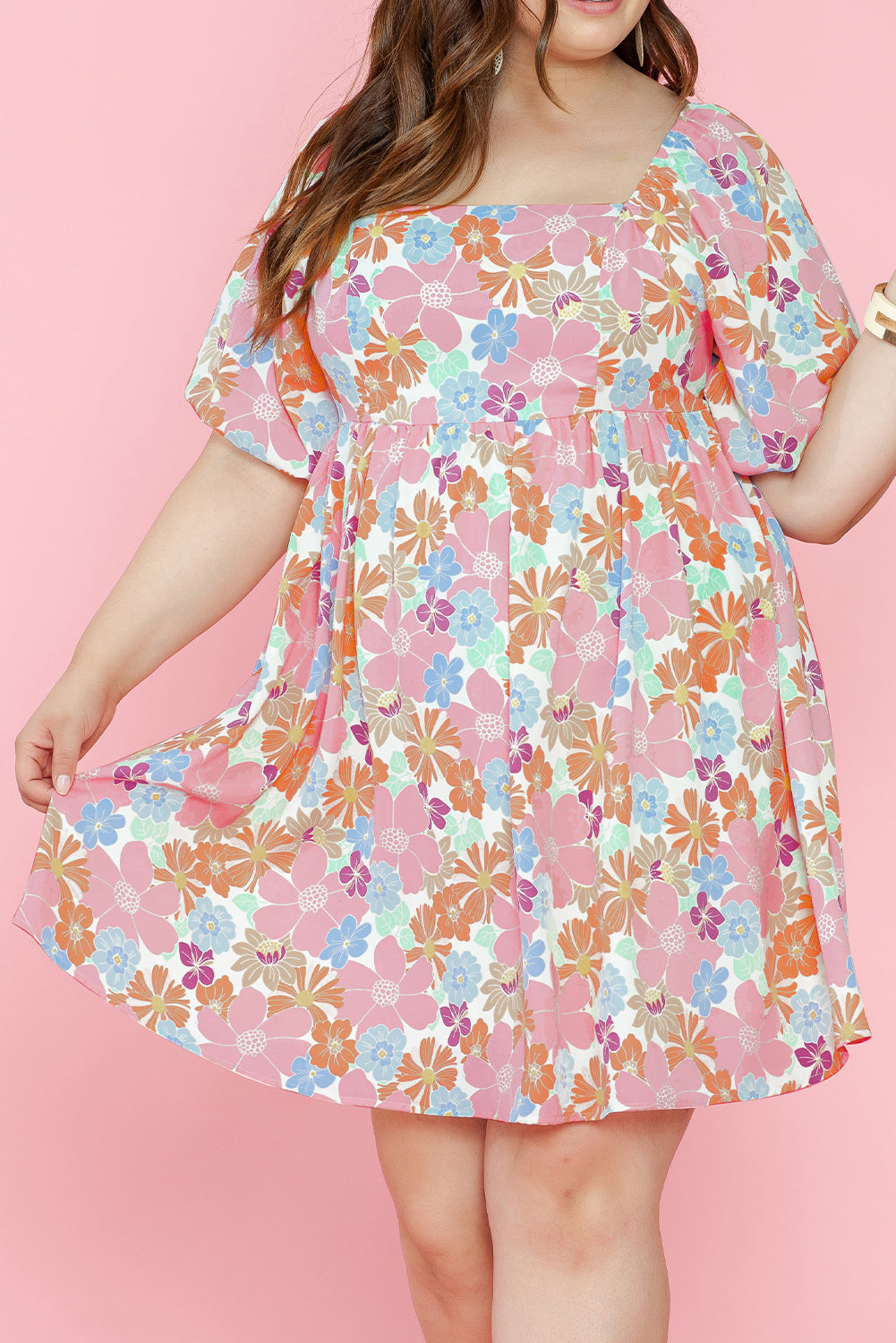 Multicolour Floral Puff Sleeve Dress - PLUS