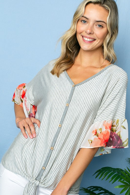 PLUS STRIPE FLORAL MIXED RUFFLE TOP
