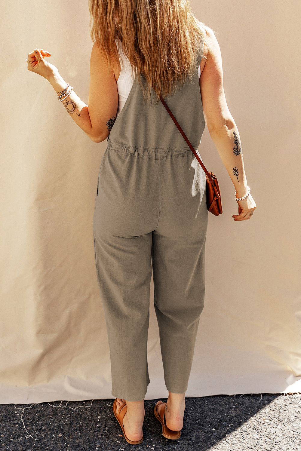 Sage Drawstring Buttoned Cropped Overall