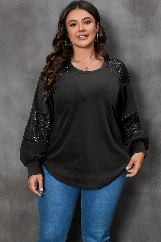 PLUS - Black Size Sequin Patchwork Crew Neck Long Sleeve Top