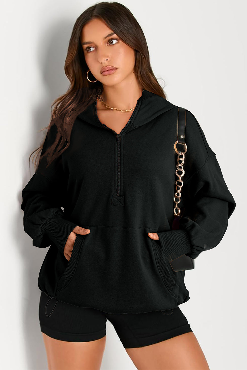 Bonbon Solid Kangaroo Pocket Half Zipper Oversized Hoodie