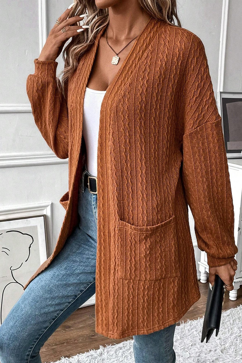 Chestnut Textured Knit Side Pockets Open Front Cardigan