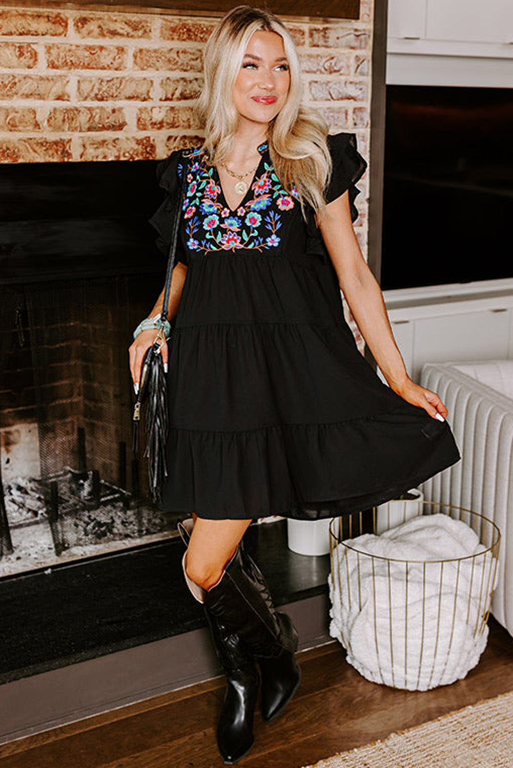 Black Floral Ruffled Mini Dress