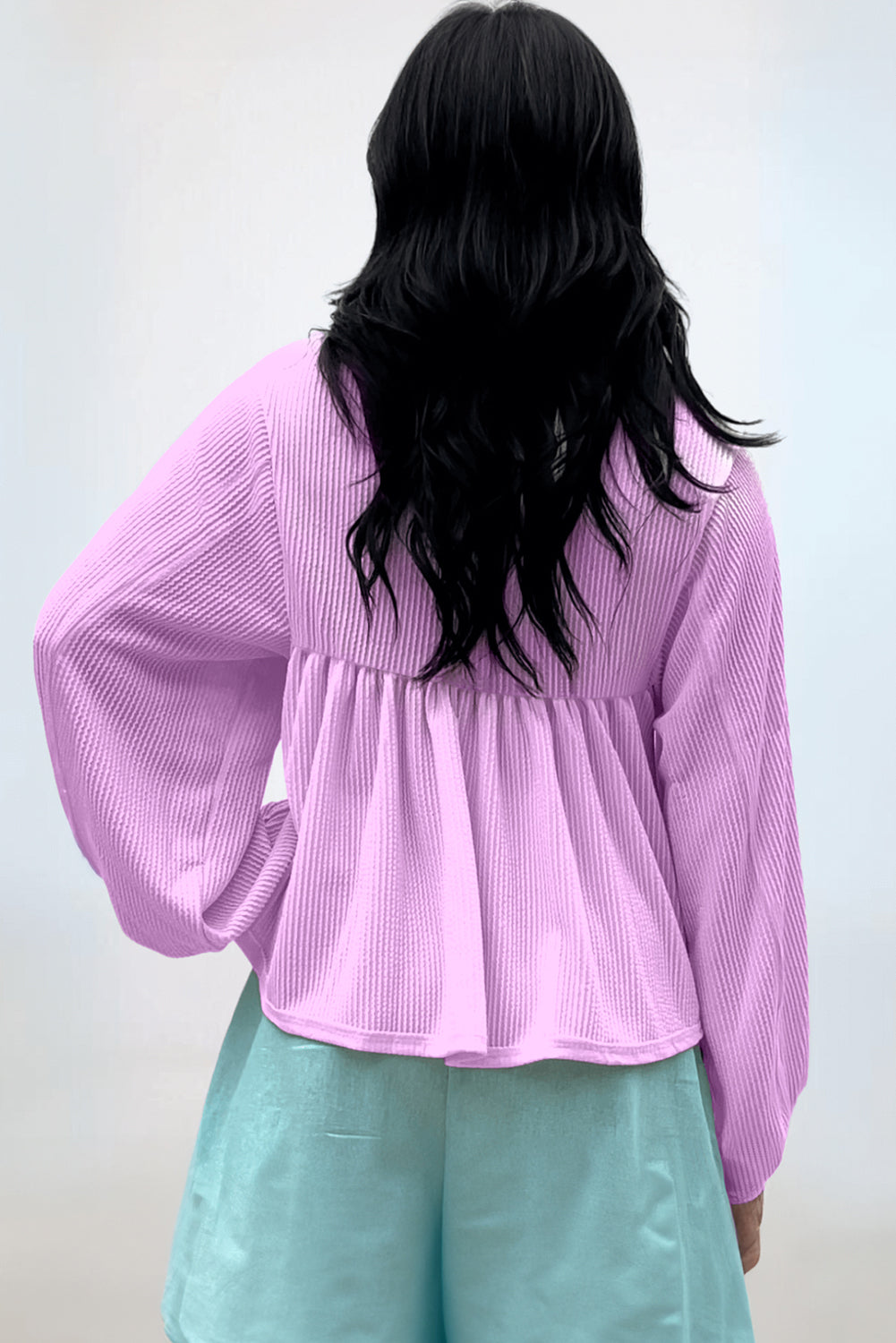 Bright Pink Corded Turn-down V Neck Bubble Sleeve Babydoll Blouse