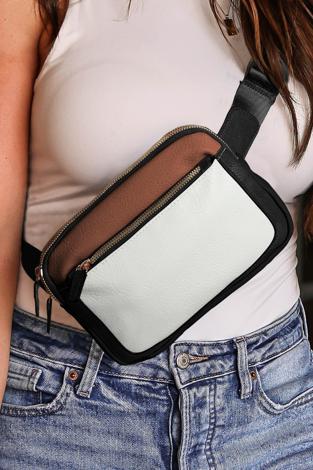 White Leather Colorblock Crossbody Bag