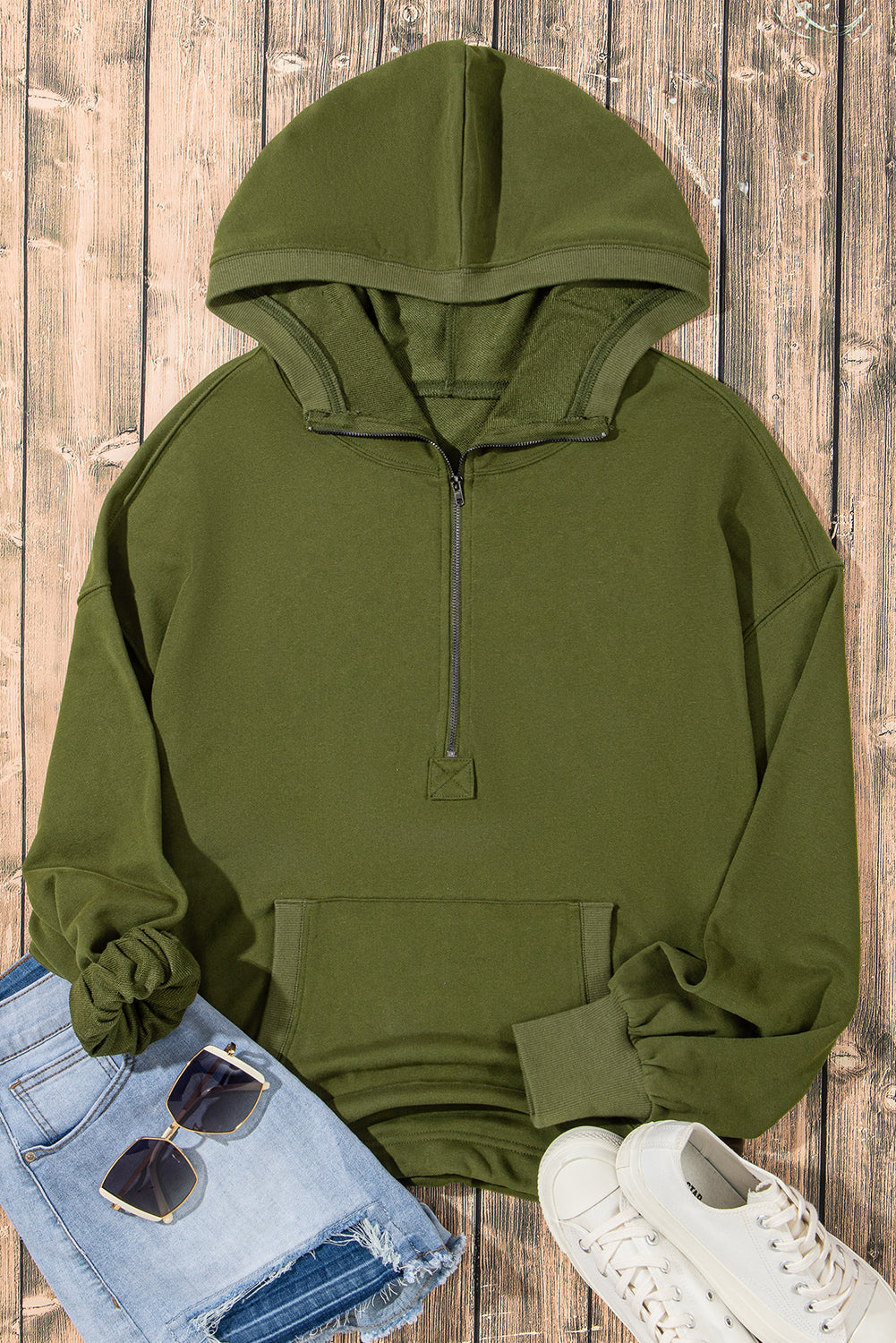 Bonbon Solid Kangaroo Pocket Half Zipper Oversized Hoodie