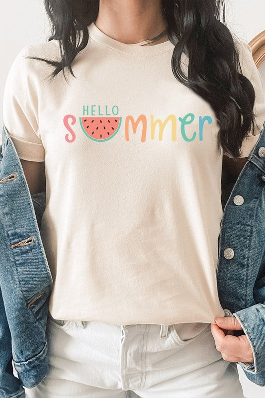 Hello Summer Pastel Rainbow Watermelon Graphic Tee