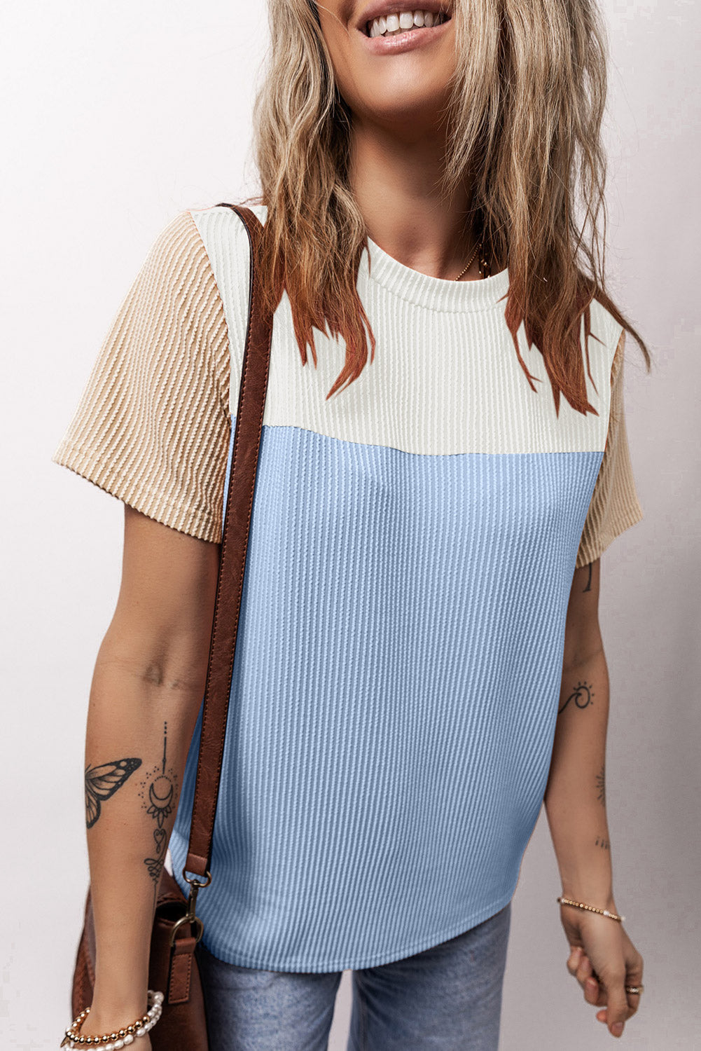 Light Blue Rib Textured Colorblock Tee