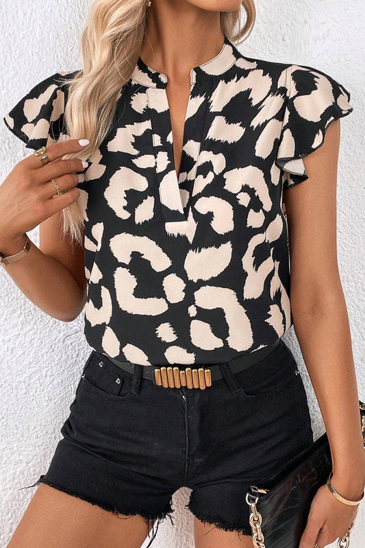 Leopard Ruffled Sleeve Split Blouse