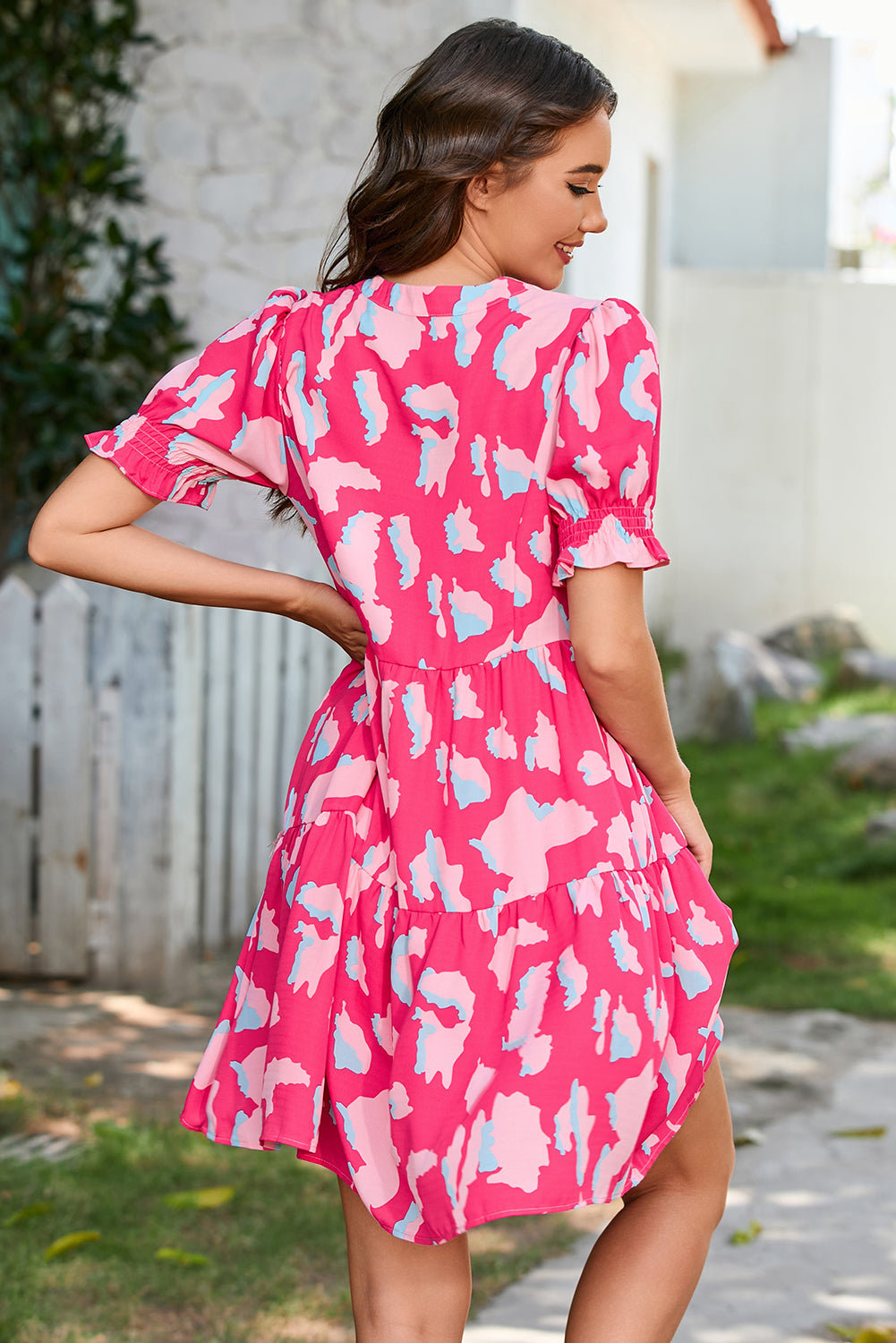 Pink Printed Puff Short Sleeve Loose Dress