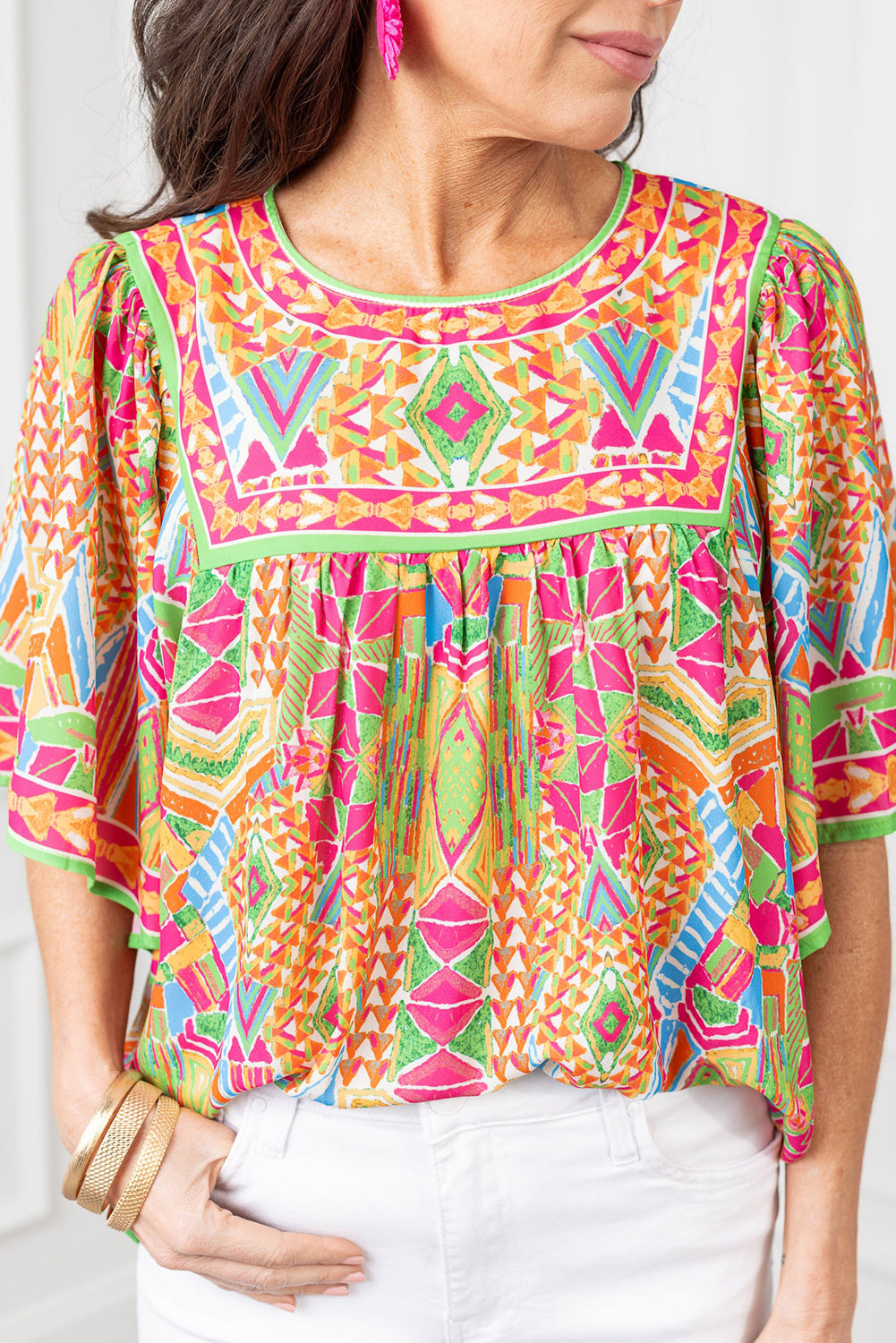 Orange Geometric Babydoll Blouse