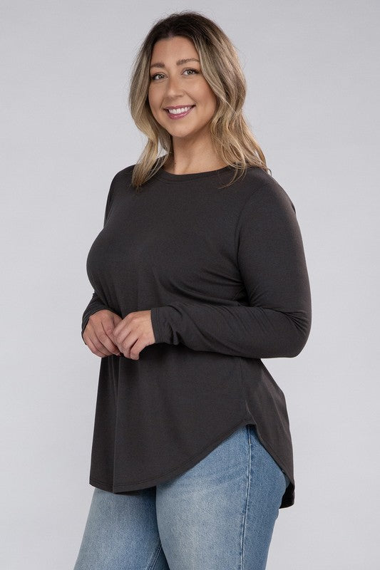 Long Sleeve Round Neck Round Hem Top - PLUS