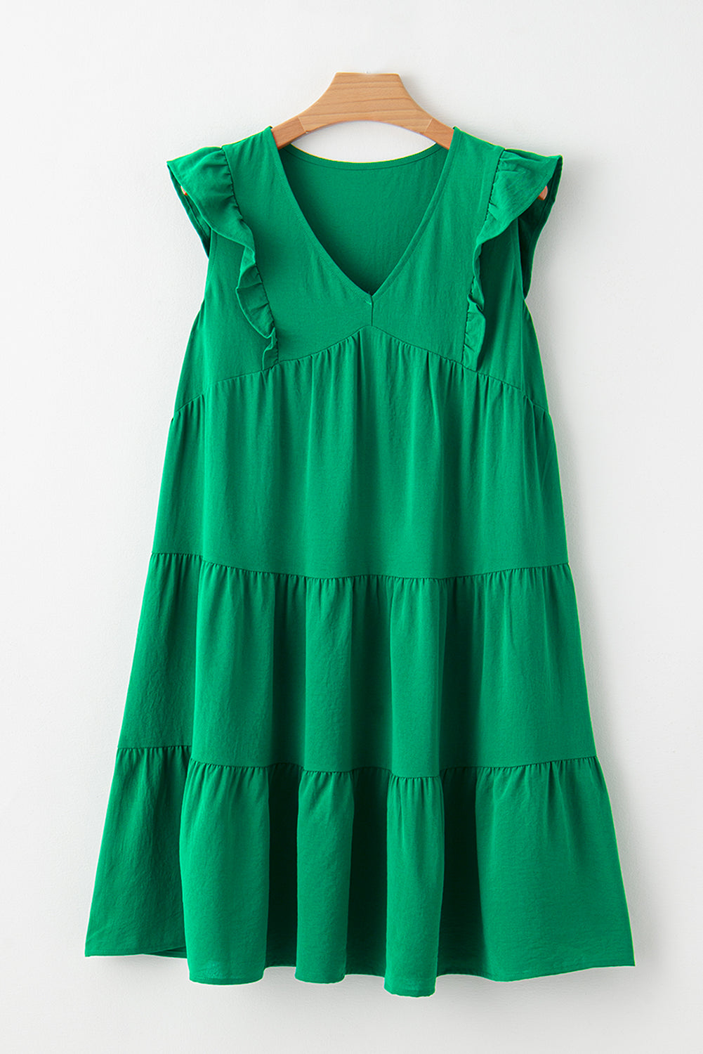 Bright Green Solid Color V Neck Ruffle Dress