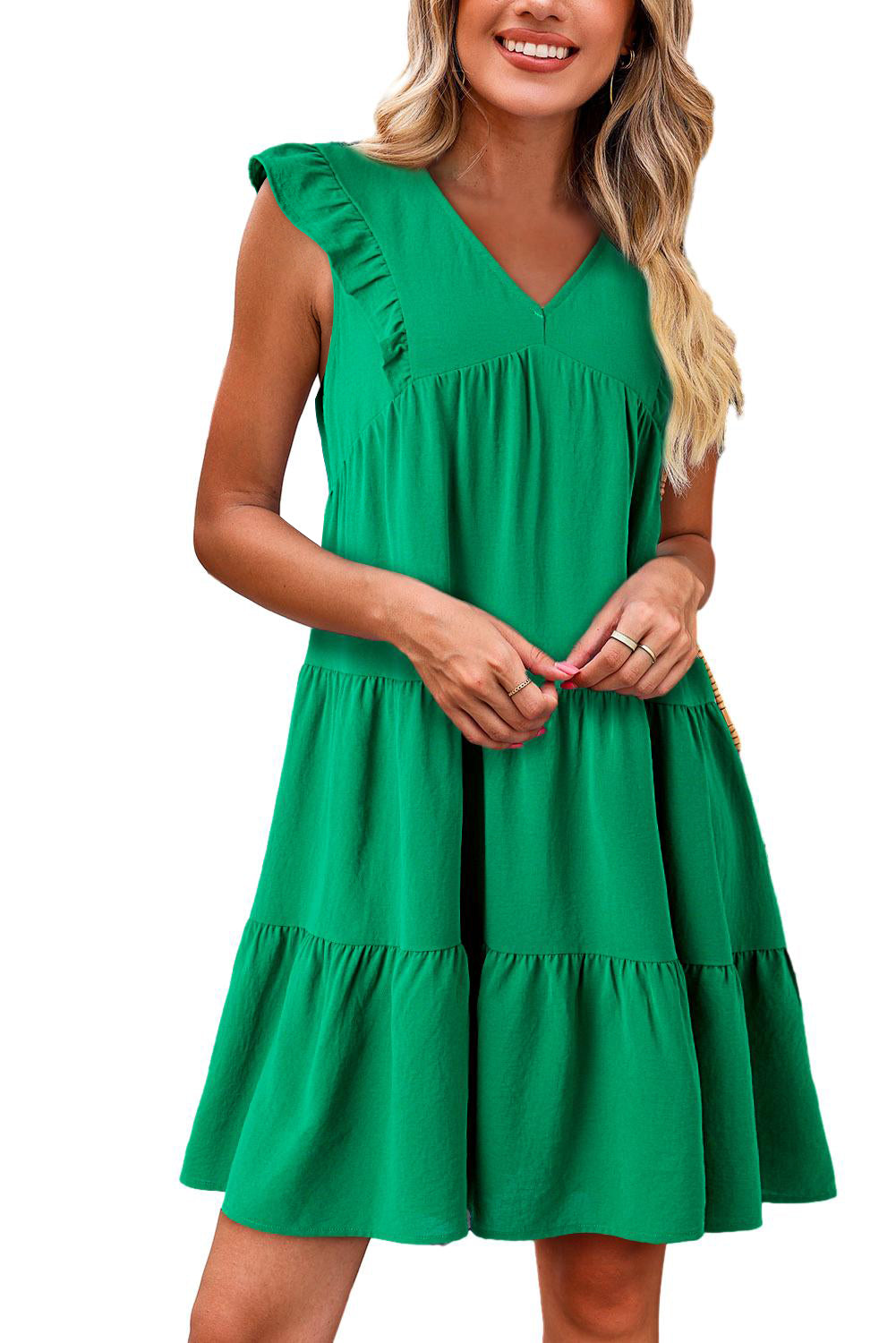 Bright Green Solid Color V Neck Ruffle Dress