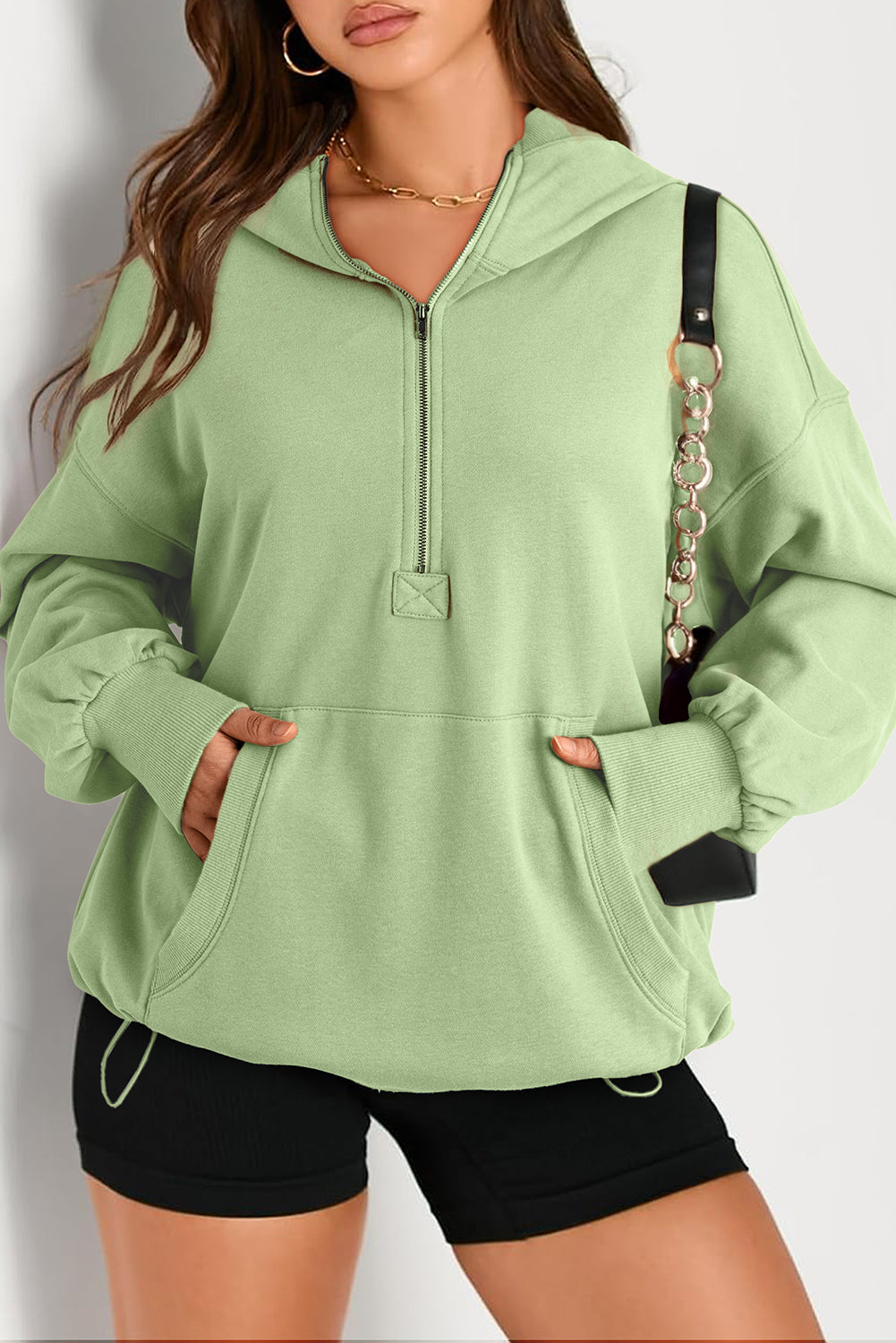 Bonbon Solid Kangaroo Pocket Half Zipper Oversized Hoodie