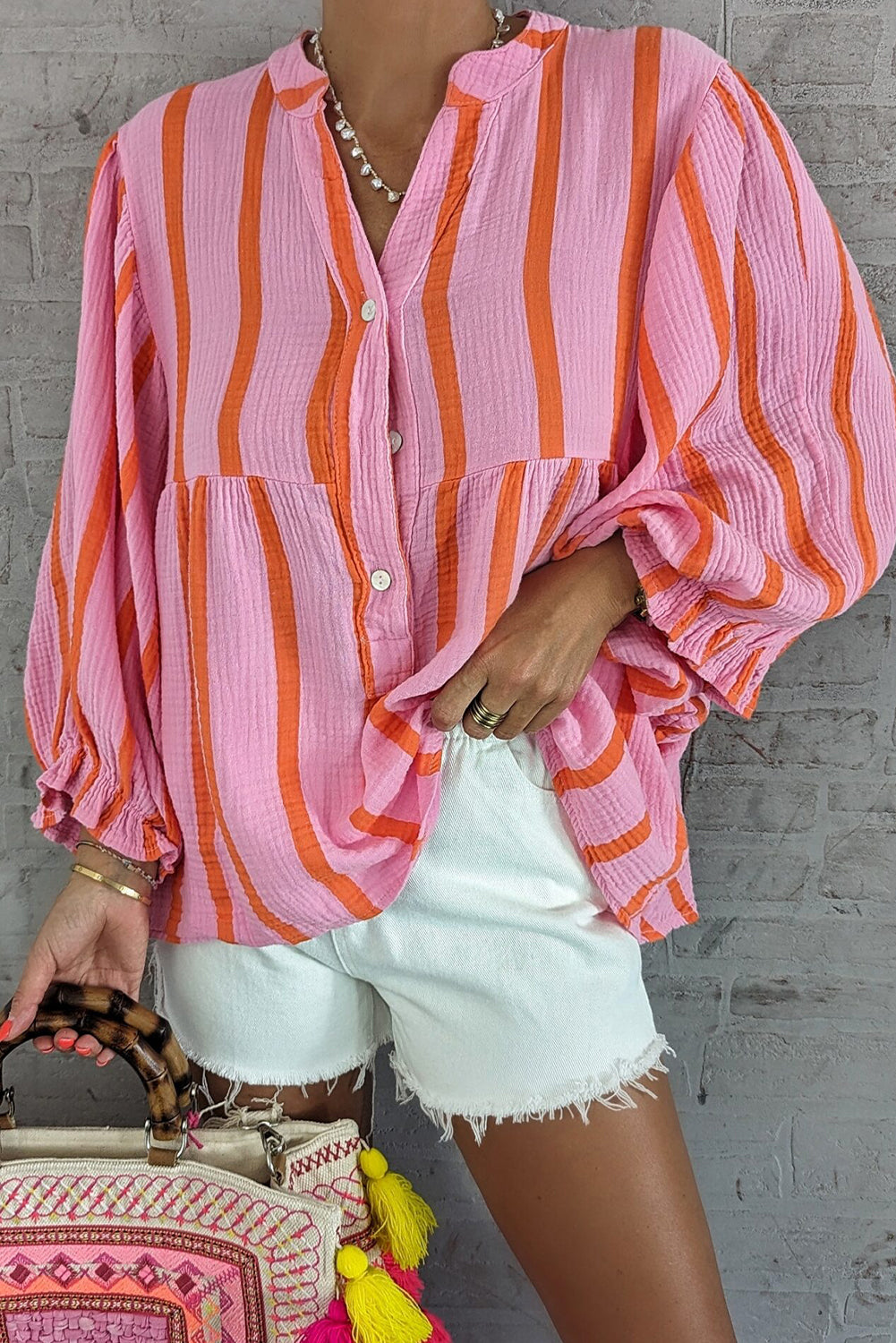 Orange Stripe Crinckled Ruffled Shirt