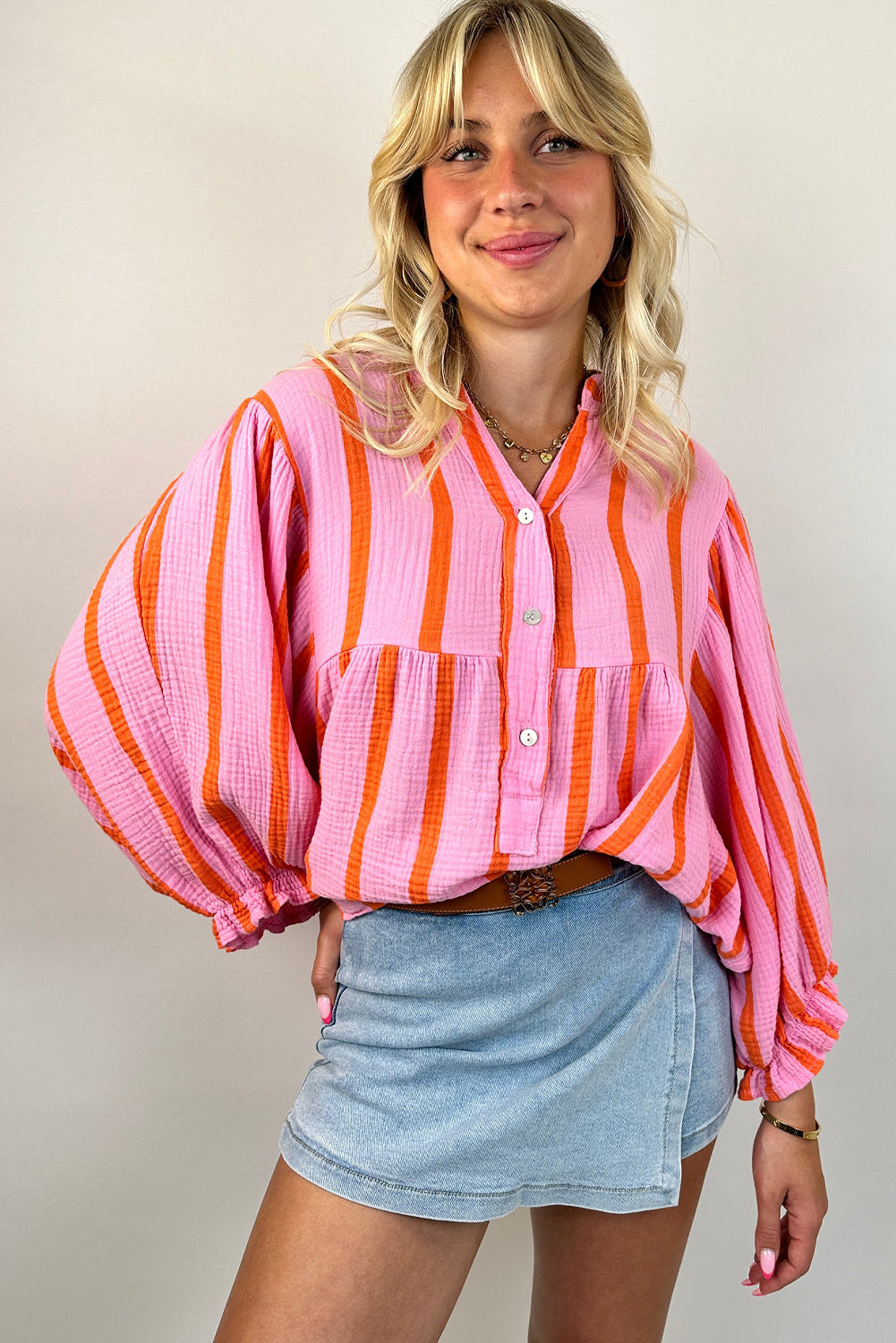 Orange Stripe Crinckled Ruffled Shirt