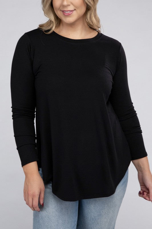 Long Sleeve Round Neck Round Hem Top - PLUS