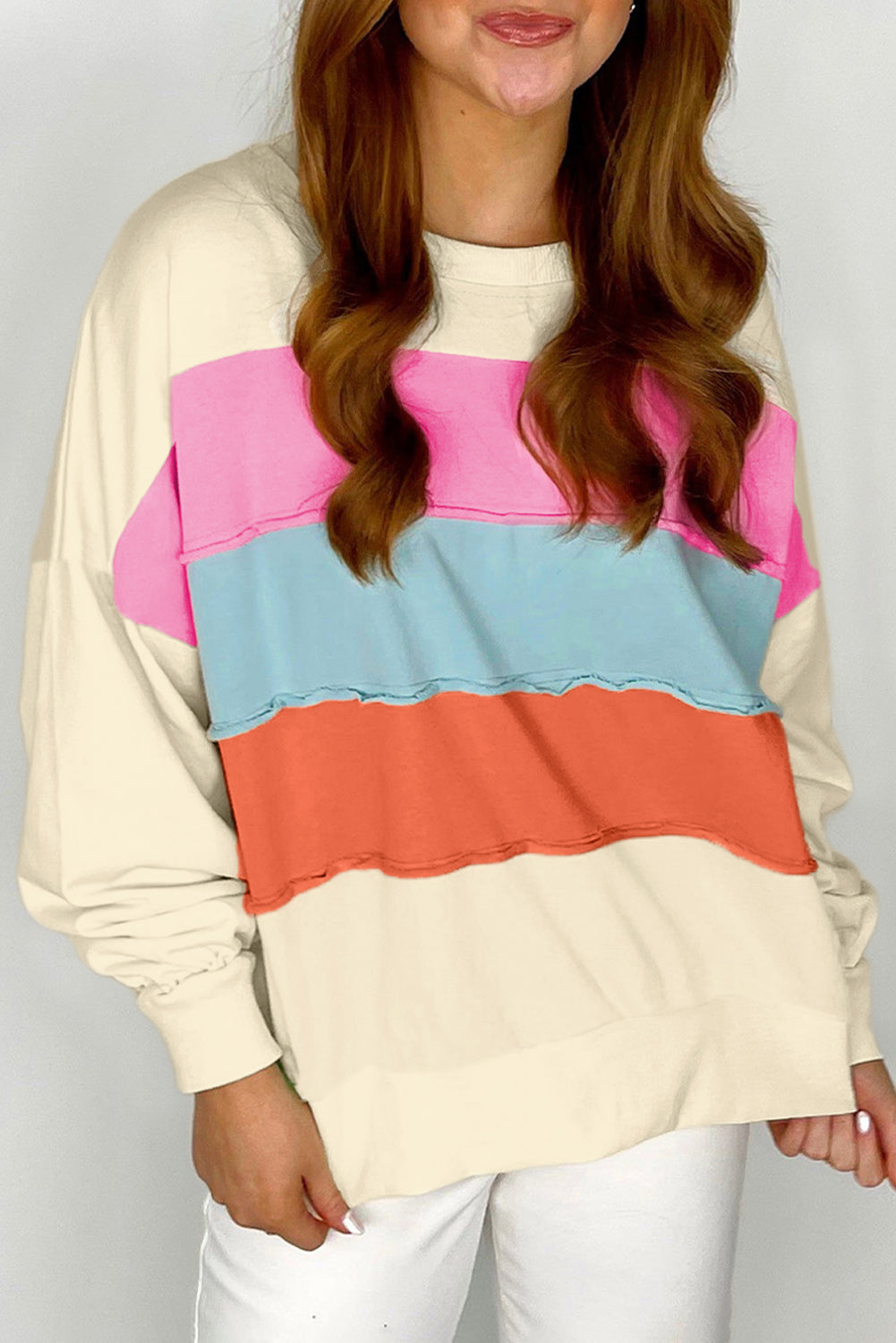 White Colorblock Patchwork Sweatshirt