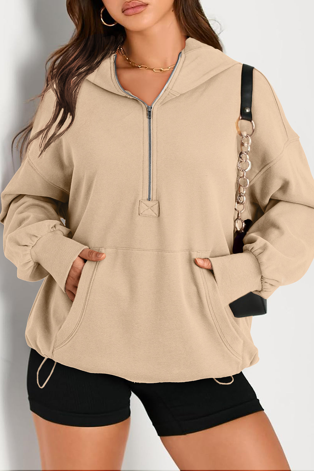 Bonbon Solid Kangaroo Pocket Half Zipper Oversized Hoodie