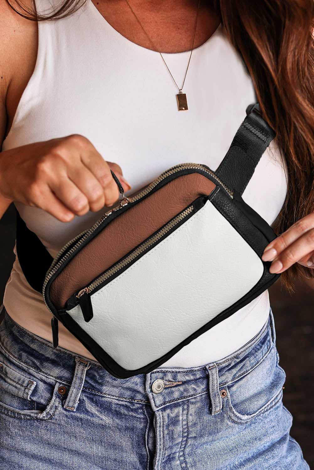 White Leather Colorblock Crossbody Bag