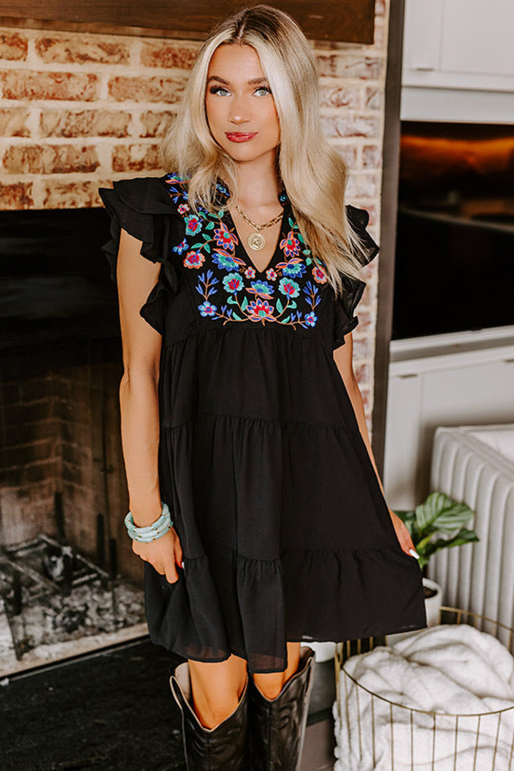 Black Floral Ruffled Mini Dress