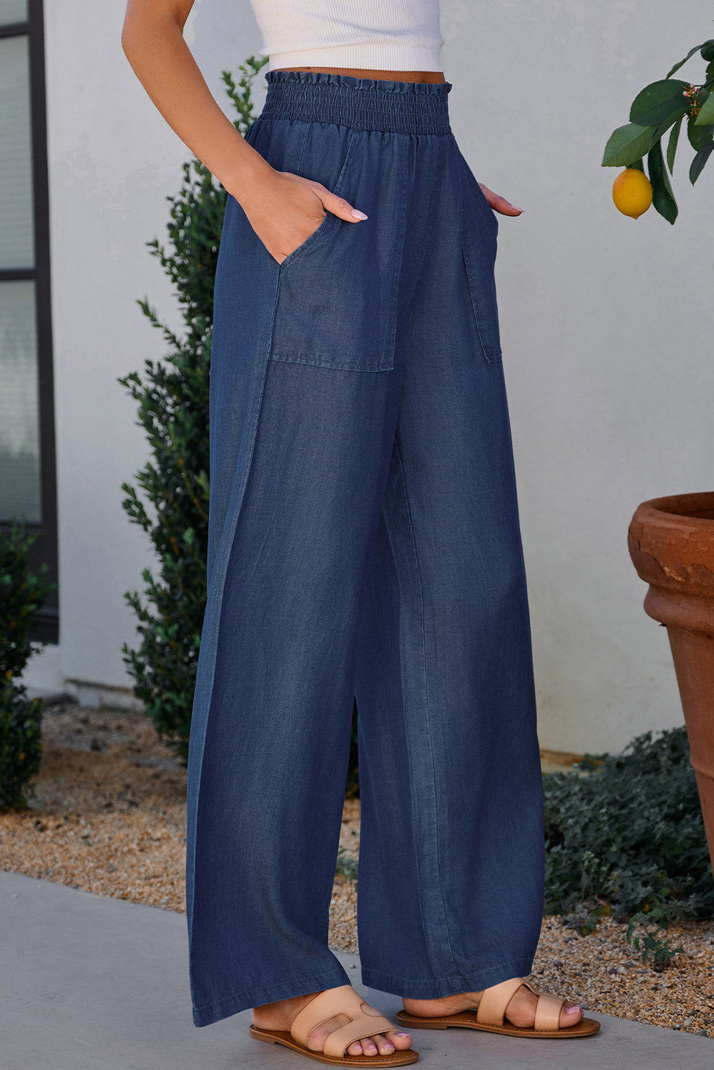 Sail Blue Side Pockets Frilled Smocked High Waist Wide Leg Jeans