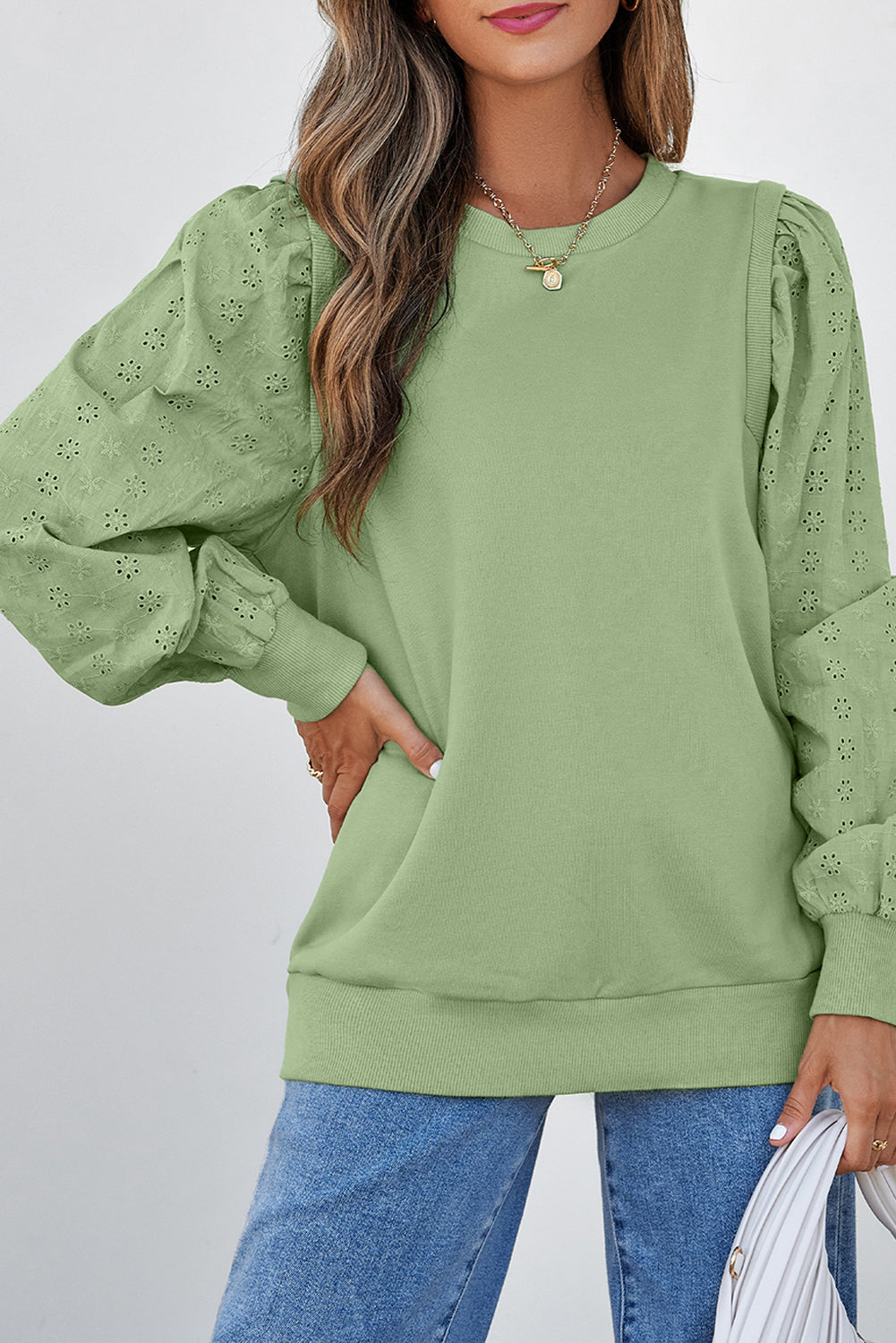 Mist Green Solid Patchwork Sweatshirt