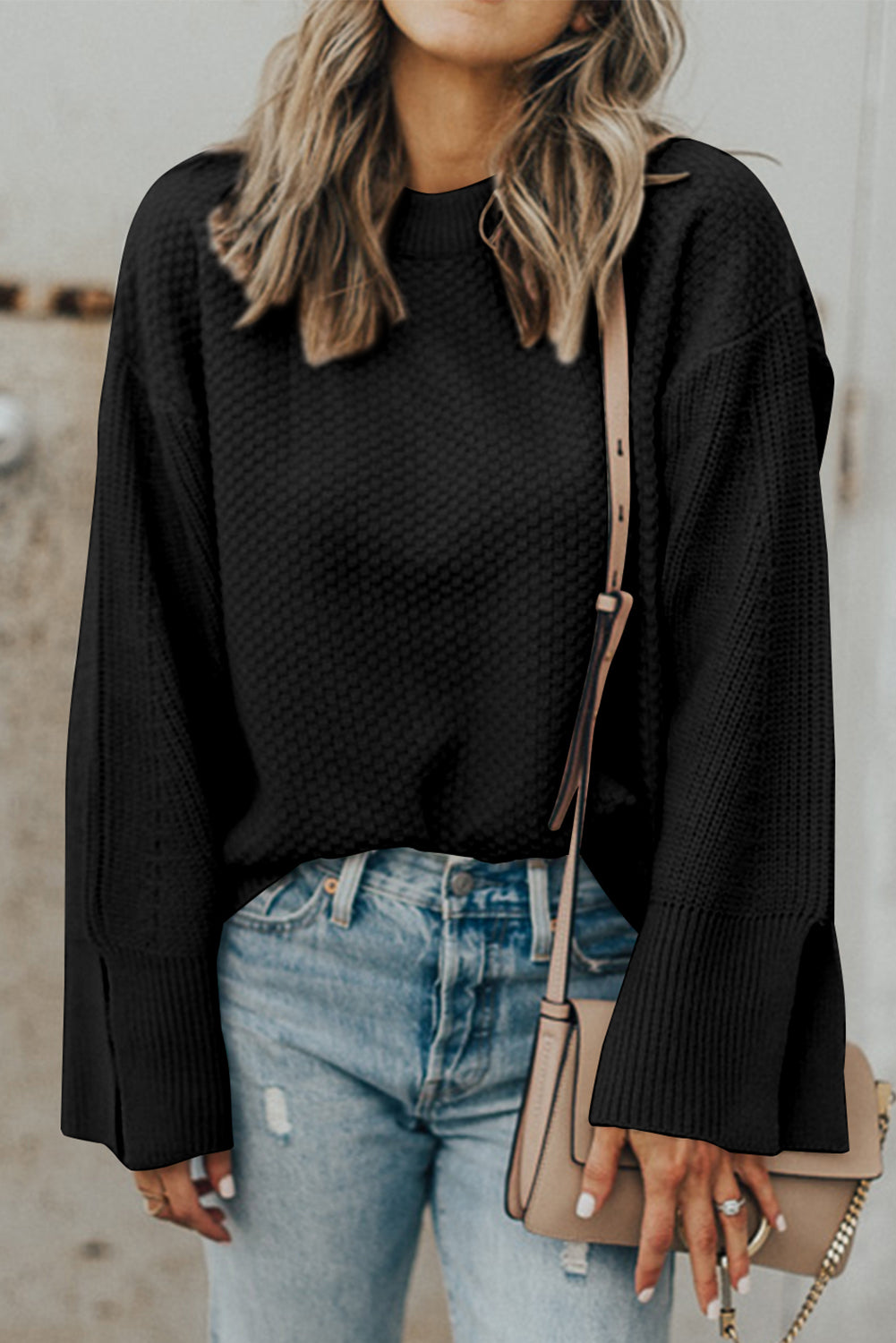 Black Solid Textured Knit Sweater